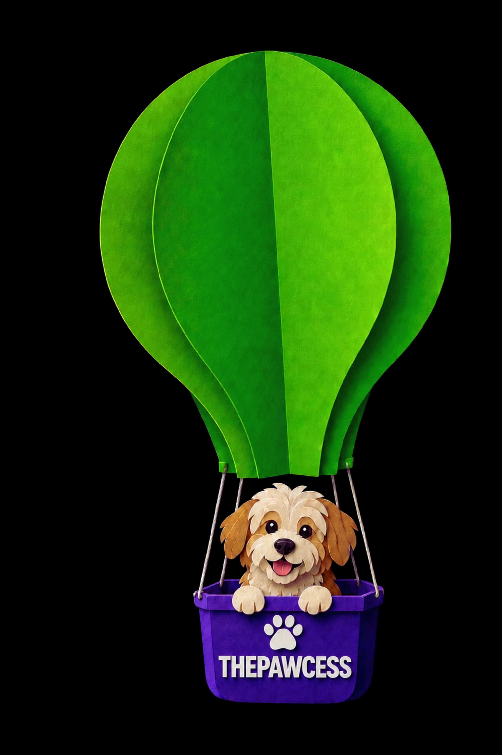 A happy dog rising in a green hot-air balloon with a ThePawcess basket