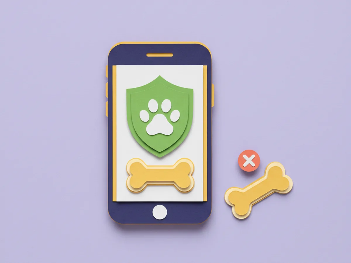 Paper-craft phone scanning a dog treat, its screen showing a green shield with a paw, a second treat benched with a coral cross