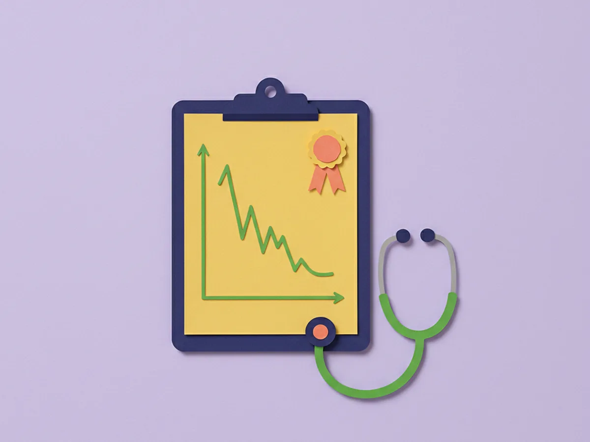 Paper-craft clipboard report with a line chart calming from jagged to flat, a gold badge, and a stethoscope beside it