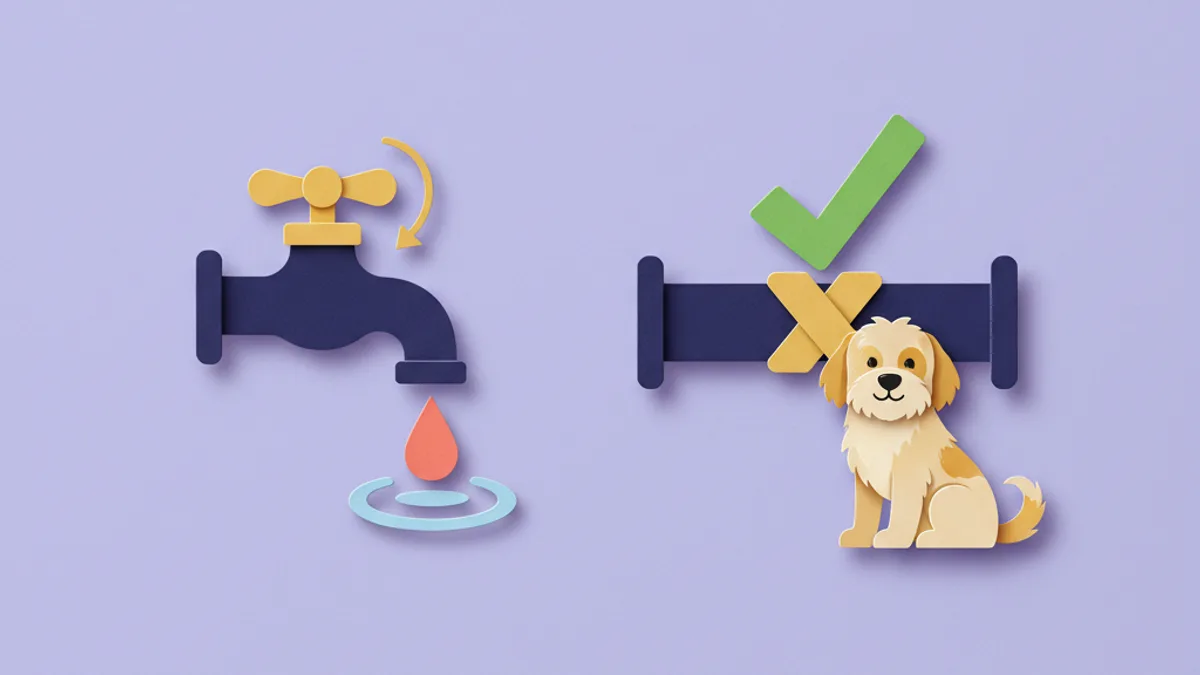 Paper-craft concept comparing symptom control (a tap turning down a drip) with treating the cause (mending the pipe), for dog allergy treatment