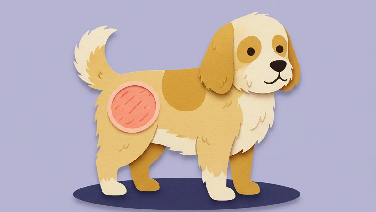 Paper-craft illustration of a dog with a thinning bald patch of fur on its flank, showing hair loss (alopecia) in dogs