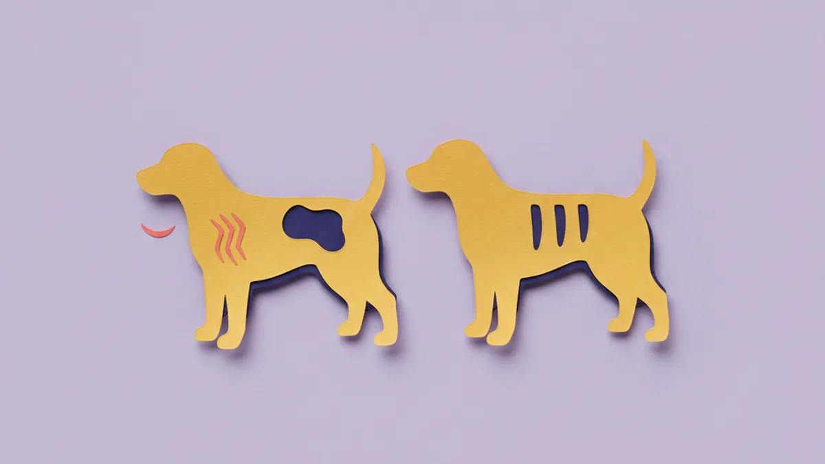 Paper-craft comparison of itchy patchy hair loss from allergies versus non-itchy symmetrical hair loss from hormonal causes in dogs