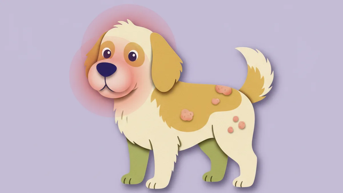 Paper-craft illustration of a dog with a puffy swollen muzzle and raised hives on its side, with a soft red alert glow, showing an allergic reaction