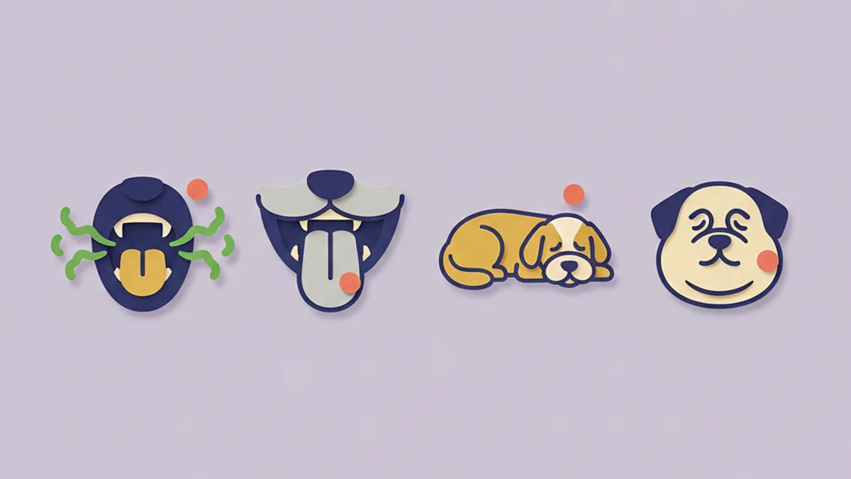 Paper-craft row of emergency warning signs in a dog allergic reaction โ laboured breathing, pale gums, collapse and severe facial swelling