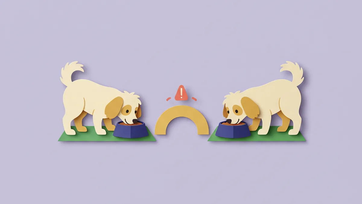Paper-craft illustration of two dogs eating at separate feeding stations divided by a barrier, for a clean elimination diet trial in a multi-dog household