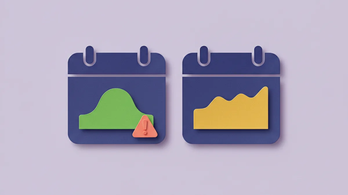 Paper-craft calendar comparing a seasonal spring-summer itch spike against a year-round flat line, a key clue for food vs environmental allergy in dogs