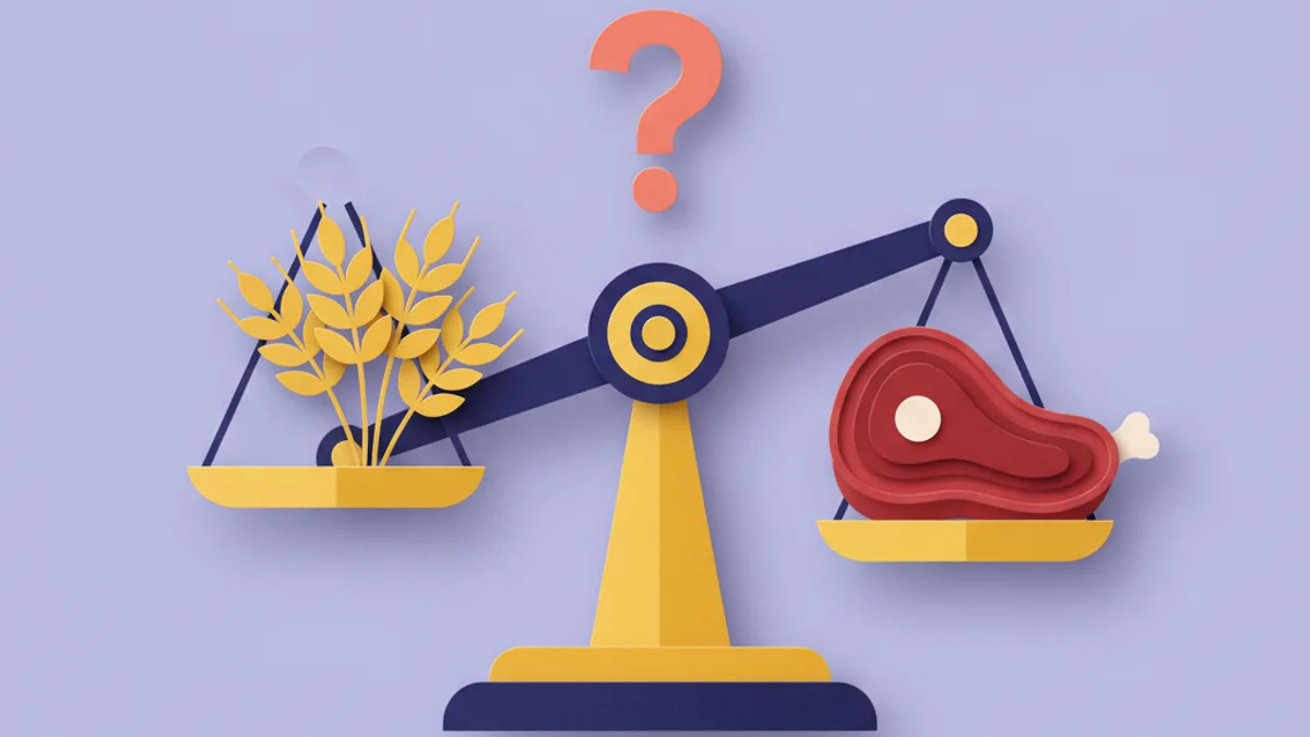 Paper-craft illustration of a wheat sheaf and a cut of beef on a balance scale, questioning whether grains or proteins cause dog food allergies