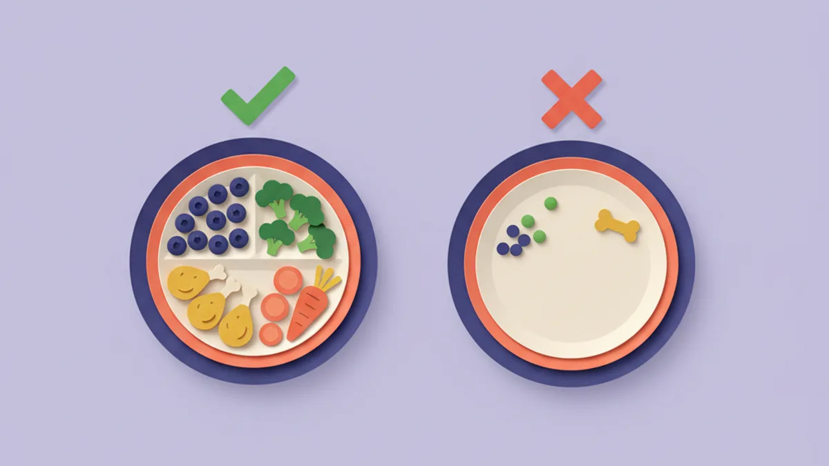 Paper-craft comparison of a complete balanced home-cooked dog meal versus an incomplete one missing nutrient pieces