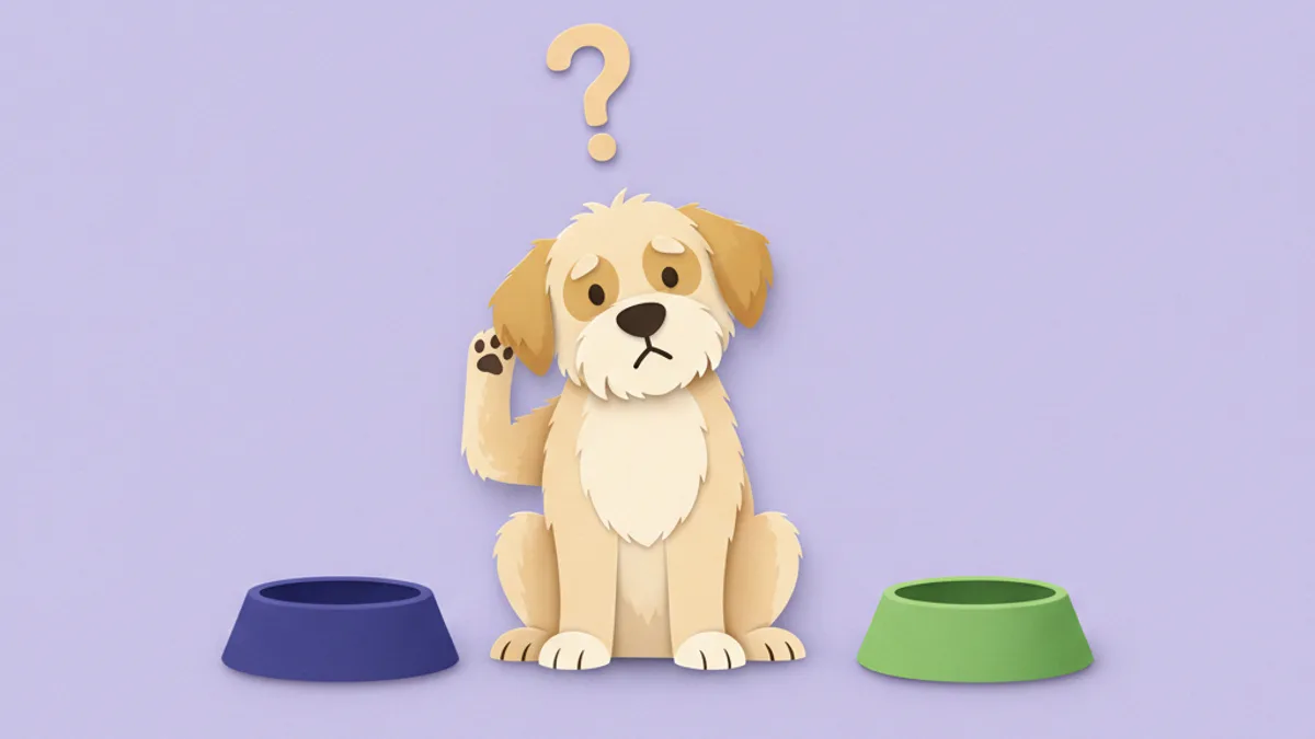 Paper-craft illustration of a dog scratching beside two food bowls and a question mark, asking whether a food change caused the itching