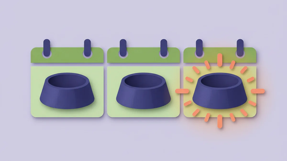 Paper-craft sequence of a food bowl repeated across a calendar building up to an allergy alert, showing how repeated exposure causes dog food allergy