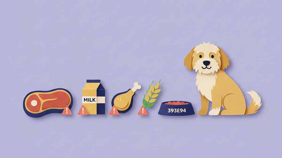 Paper-craft line-up of the most common dog food allergens — beef, a milk carton, a chicken drumstick and a wheat sheaf — beside a food bowl