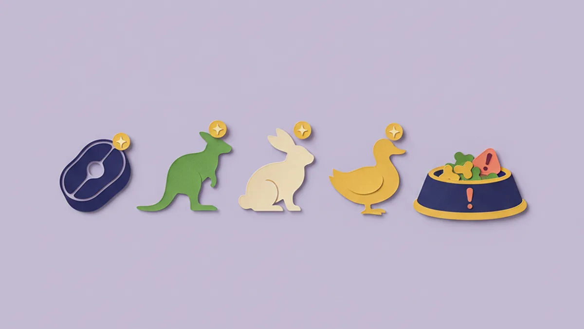 Paper-craft line-up of novel protein foods for dogs — venison, kangaroo, rabbit and duck — each marked as new, for an elimination diet