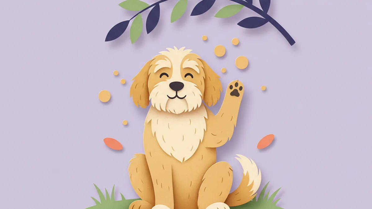 Paper-craft illustration of a dog outdoors among grass and floating pollen, scratching — showing seasonal environmental allergies in dogs