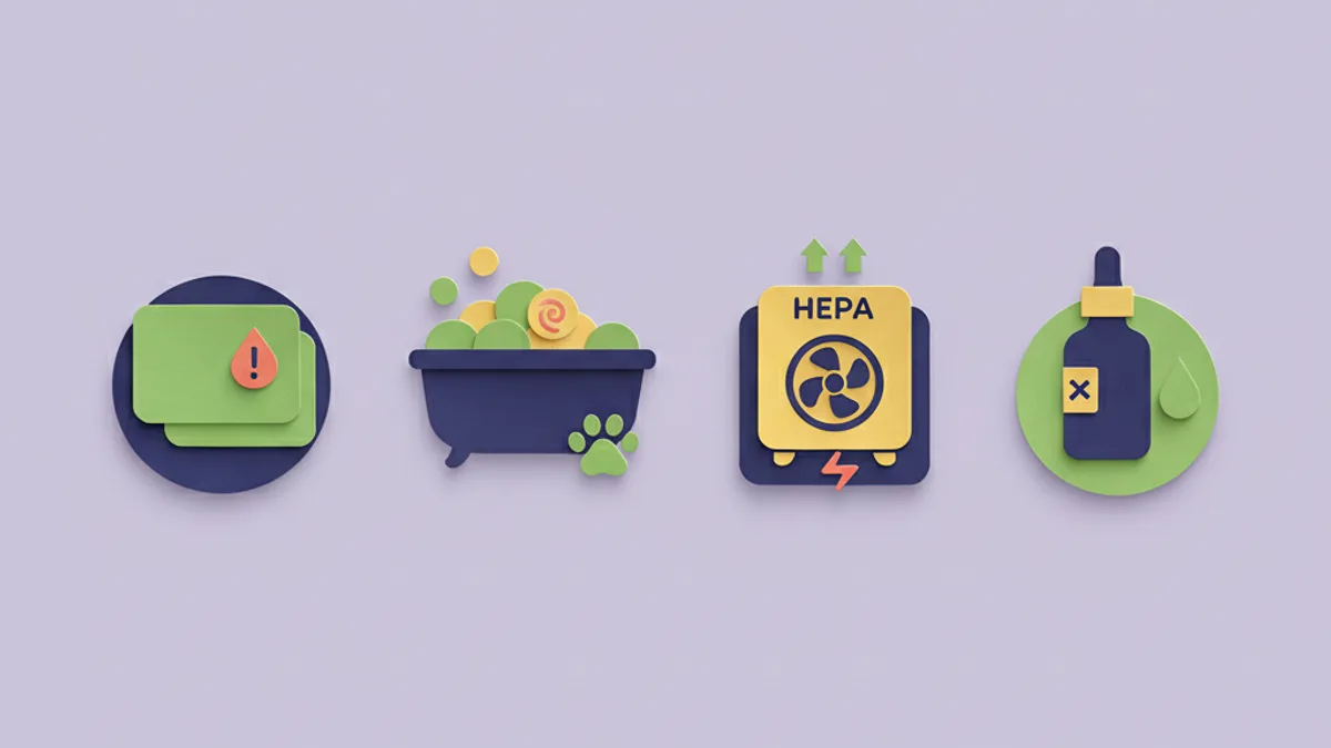 Paper-craft row of seasonal allergy management tools for dogs — paw wipes, a bath, a HEPA air filter and ear cleaning