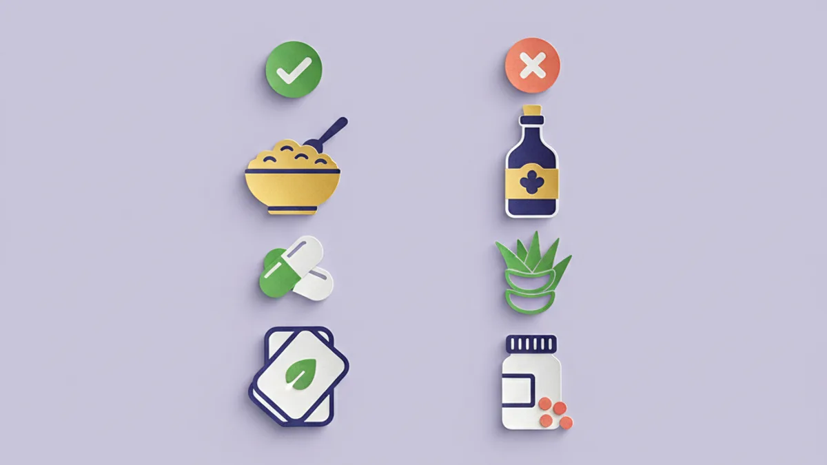 Paper-craft two-column comparison of safe dog itch remedies (oatmeal bath, omega-3, paw wipes) versus ones to avoid (human pills, apple cider vinegar, aloe gel)