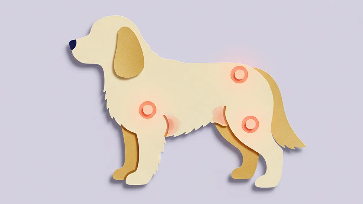 Paper-craft dog silhouette highlighting the warm moist areas where yeast infections occur โ ears, paws, armpits, skin folds and groin