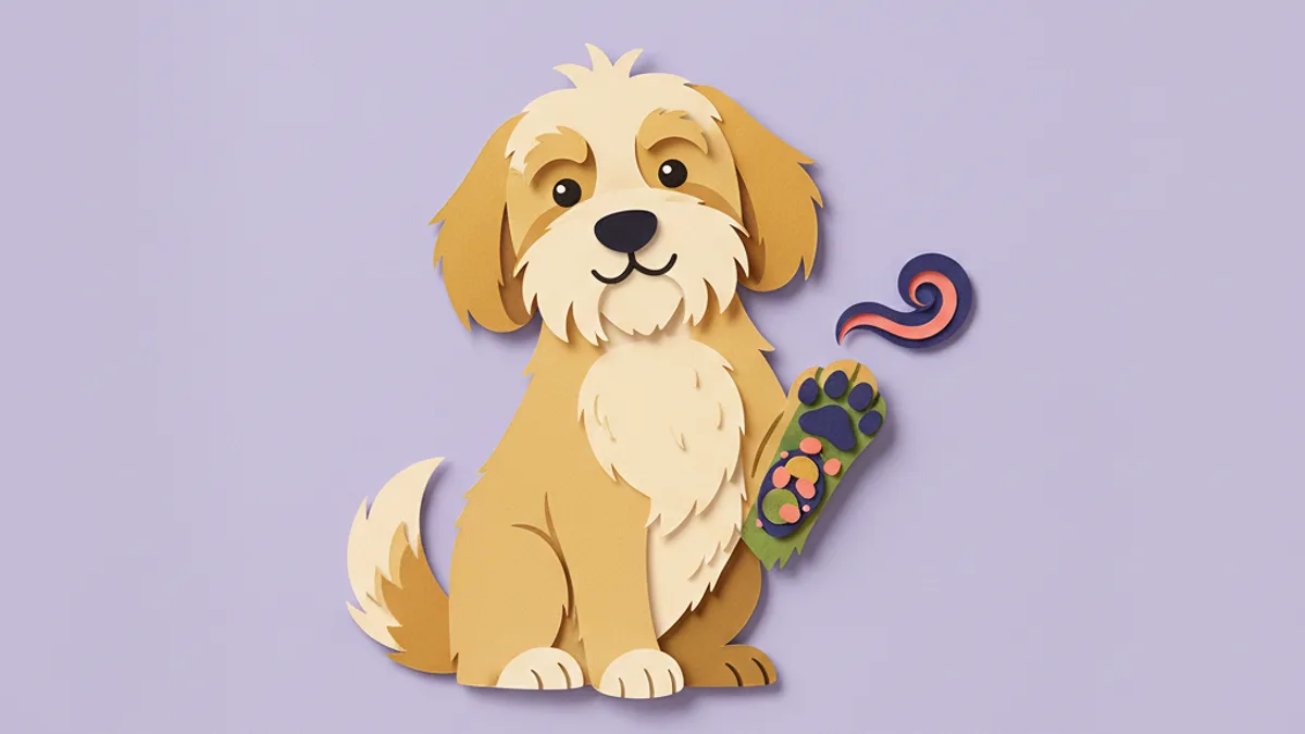 Paper-craft illustration of a dog lifting a paw to show greasy red-brown skin between the toes, a sign of a yeast (Malassezia) infection